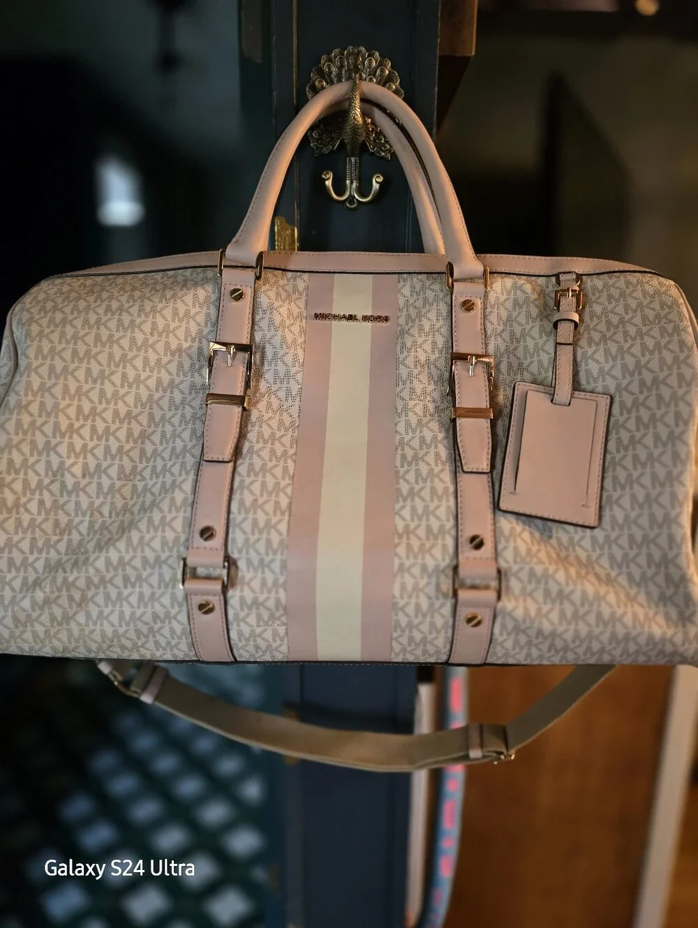 Michael Kors Pink & Cream MK Signature Duffel Bag